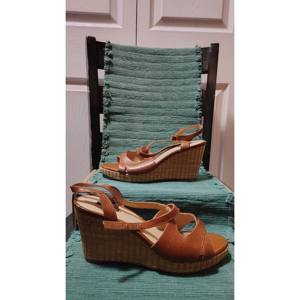 Alex Marie Women's Brown Leather Strappy Wedge Sandals Faux Straw Platform 10M